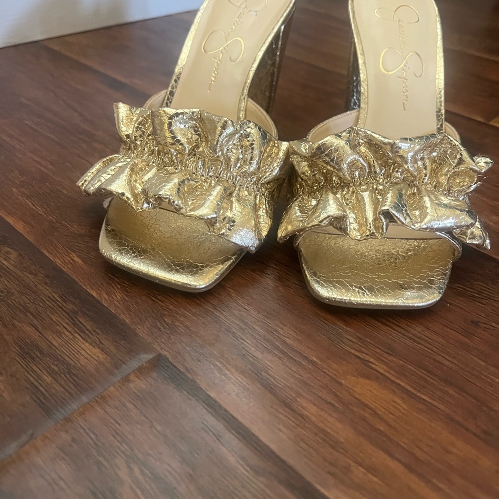 Gold Ruffle Open-Toe Heels